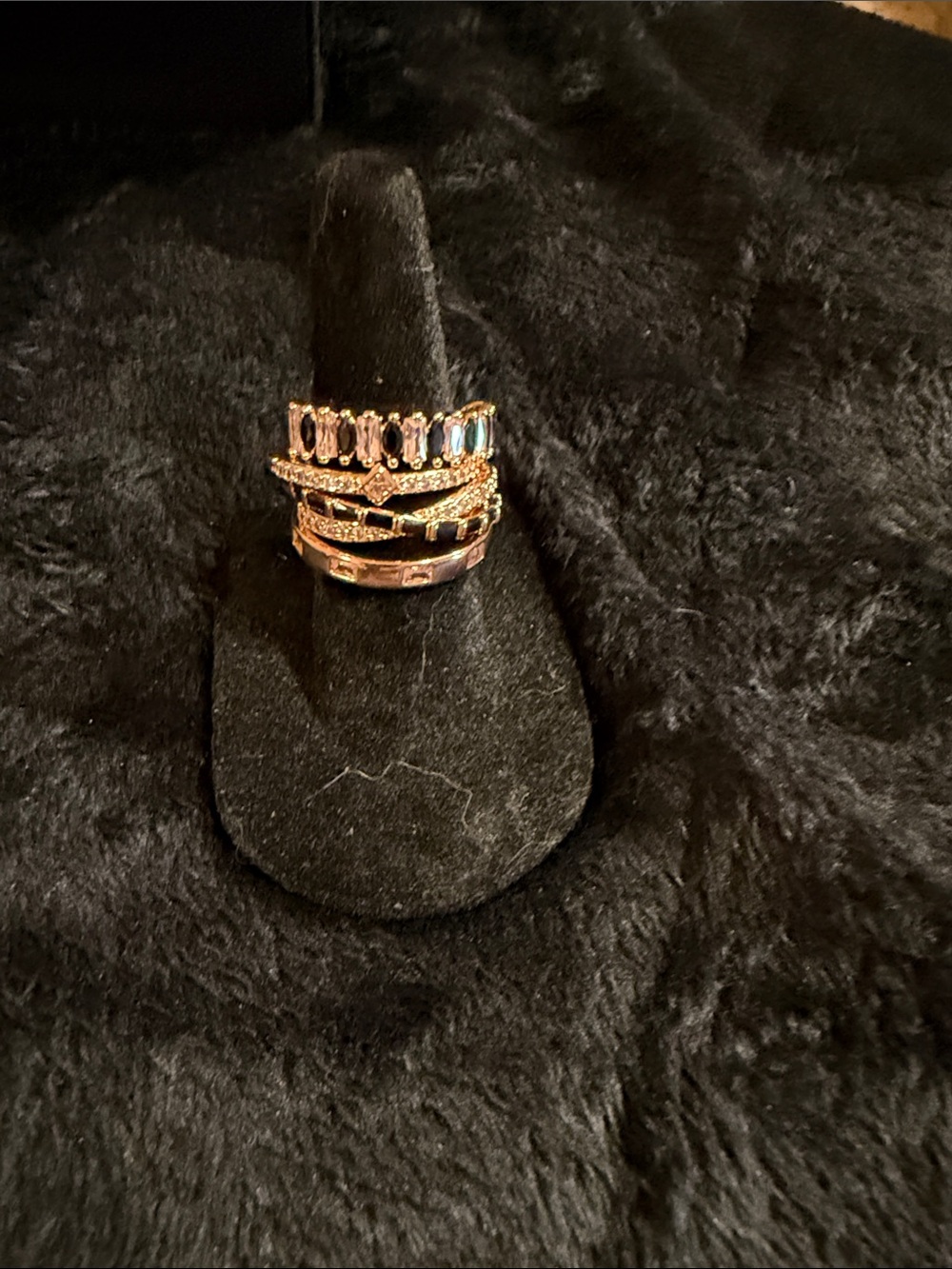 Rose Gold with Black Onyx and CZ Multi-Band Crystal Stack Ring - Women Jewelry